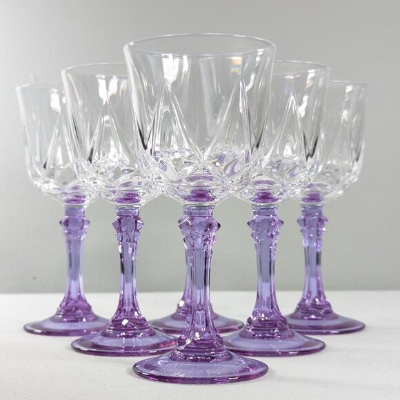 Set of 6 Cristal D Arques Lude Lilas Auteuil Claret wine glasses, purple stem - Picture 3 of 10